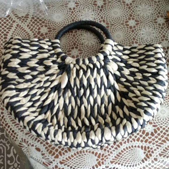 SALE Half Semi Circle Straw Ratan Woven Structured Tote Bag Black Cream Boho - Picture 7 of 10